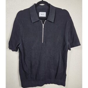 NN.07 Hansie SS Zip Rib Knit Polo Sweater Organic Cotton Black Size L